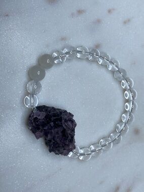 Raw Fluorite & Clear Quartz Bracelet • Natural Purple Heart Crystal Focal